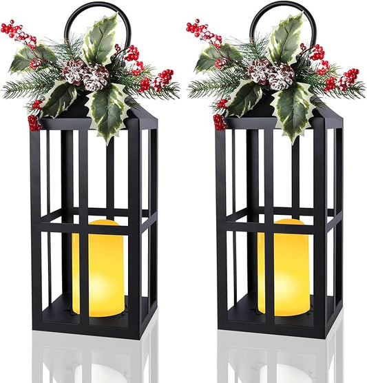Bdor 2 Pack Christmas Lantern Decoration with LED Flameless Candle, Pinecones & Holly Berries, Holiday Tabletop or Porch Decor, Battery Operated Christmas Lighting