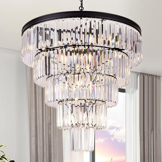 TOCHIC Large Crystal Chandelier for High Ceiling, 40 inch 7-Tier Modern Black Crystal Chandeliers Lighting Fixture, Round Light for Entryway Staircase Foyer Living Room (Black, 31.5 Inches)