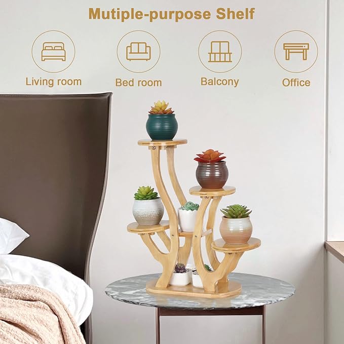 5 pots Succulent Plant Stand Indoor,tabletop tiered Plant Shelf for Small Plants,Bamboo windowsill Plant Holder Display Rack for Desktop Office Balcony