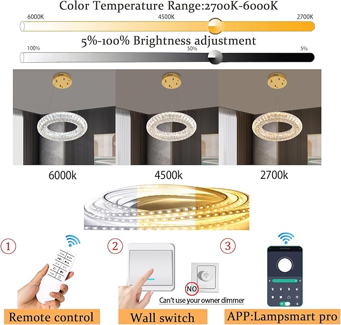 Modern Crystal Chandelier Dimmable LED 15.7" Gold Ring Pendant Light Adjustable Round Crystal Chandelier Light Fixtures for Dining Room Living Room