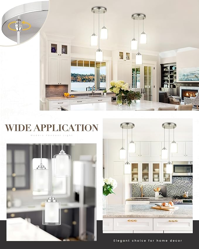 TENGXIN 3 Light Pendant Lights, Kitchen Island, Bedroom Modern Farmhouse Pendant with Dual Glass Shade, Brushed Nickel
