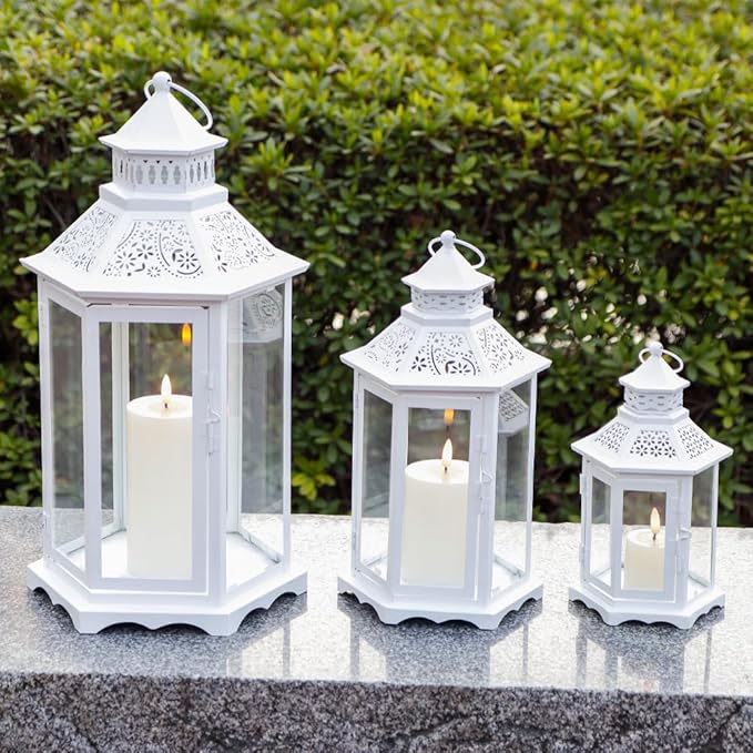 TRIROCKS Set of 3 Decorative Candle Lanterns18''&13"&10" H Hexagonal Candle Holder Vintage Metal Hanging Lantern with Tempered Glass for Garden Patio Wedding Event Indoors Outdoors(White)