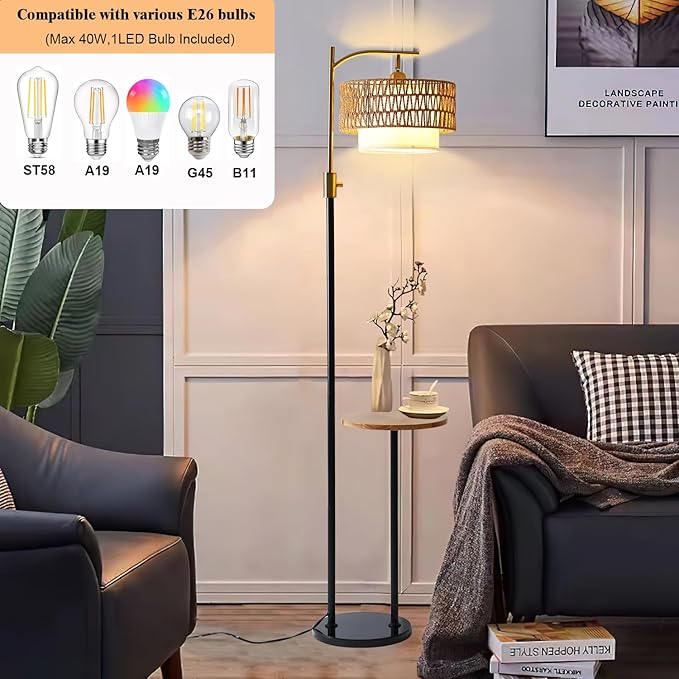 Dimmable Floor Lamp with Table and Marble Base, Arc Floor Lamp with Dimmable Bulb, Boho Farmhouse Standing lamp with Fabric & Rattan Lampshades for Living Room Bedroom (Black and Gold)