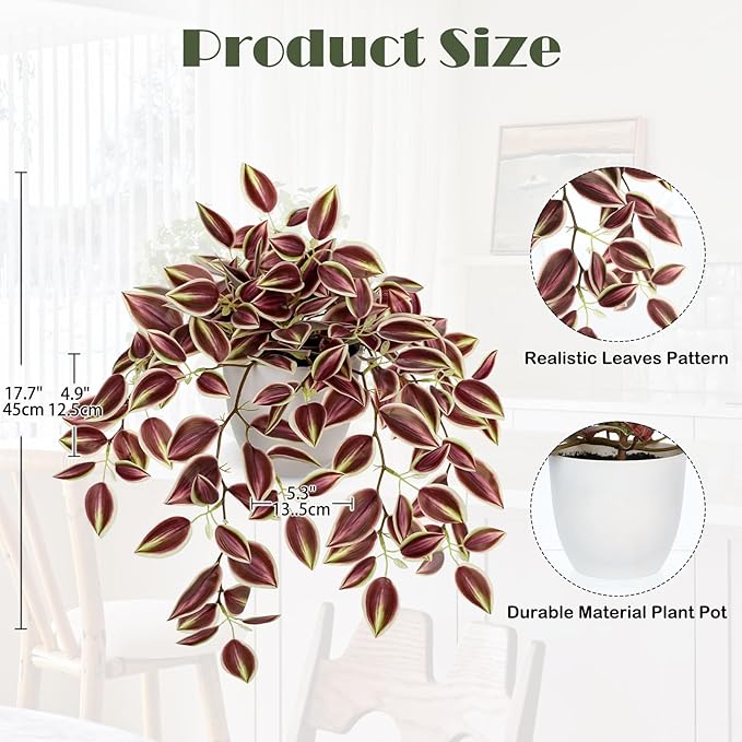 Briful Faux Plants Indoor Fake Potted Silk Plants Artificial Watermelon Peperomia Draping Plant for Home Office Room Kitchen Shelf Cabinet Tabletop Decoration(Dark Red - 1 Pack)