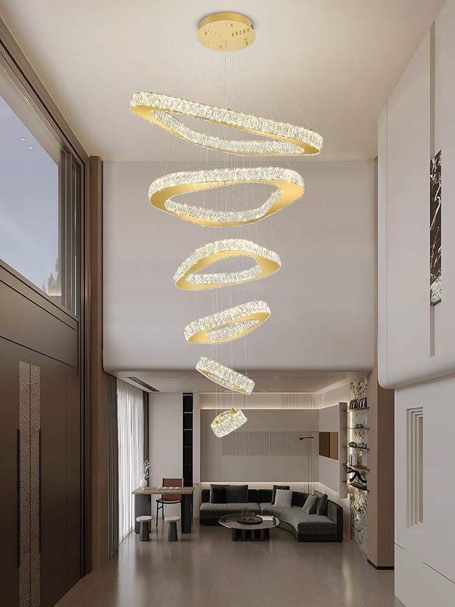 Modern Crystal Chandeliers for High Ceiling 6 Ring Chandelier LED Gold Ceilings Lights Fixtures High Ceiling Chandelier for Foyer Staircase Living Room Dining Room 2700K-6000K