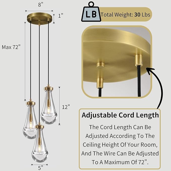 Brass 3 Light Pendant Lighting for Kitchen Island, Raindrop Cluster Pendant Light Fixture, Adjustable Hanging Rope Glass Chandelier Dining Room Light Fixture Ceiling Lamp for Foyer Hallway
