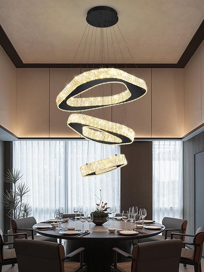 Modern Black Chandelier Adjustable 3 Rings Crystal Chandelier for Living Room Foyer Stairwell Lighting High Ceiling Light Dimmable 2700K-6000K