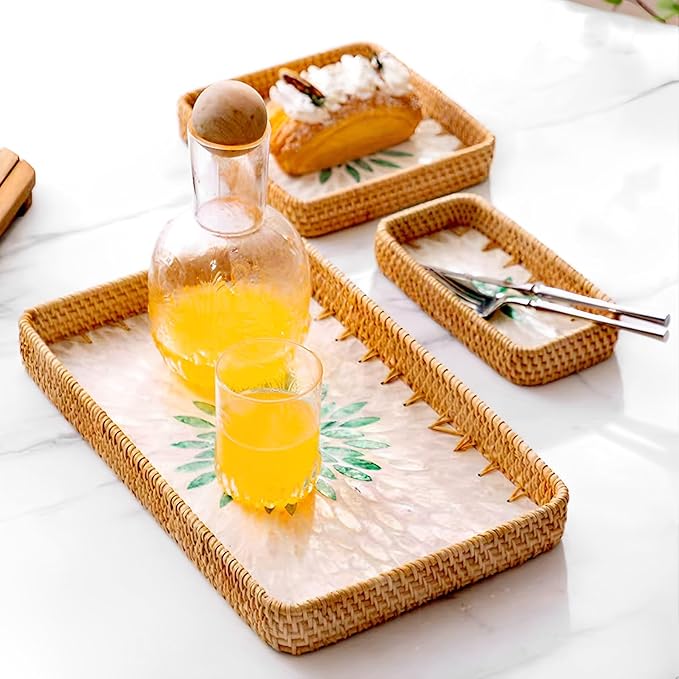 i-lan Set of 3 15 Inch Rattan Woven Serving Tray Basket with Handles and MOP Wooden Base, Boho Wicker Coffee Table Décor Serving Tray with 2 Inch Wall, Handmade Display Basket for Everywhere