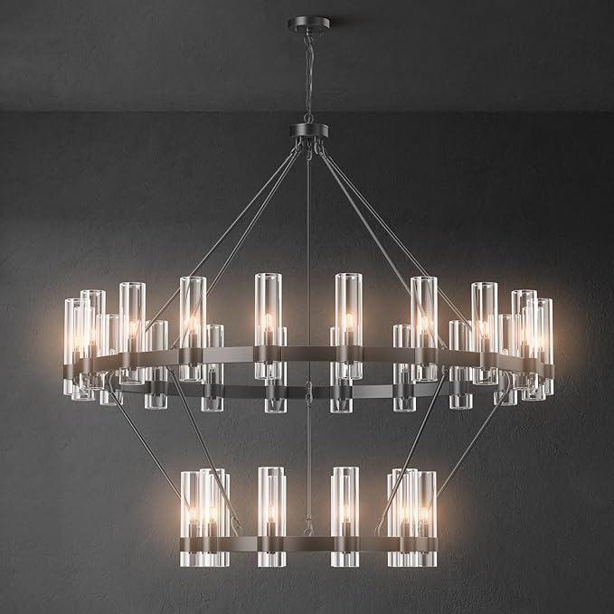 60" Black Chandelier, 2 Tier Wagon Wheel Chandelier with Glass Shade, 30-Lights Large Round Modern Farmhouse High Ceilings Pendant Lighting Fixture for Dining Room, Living Room, Kitchen, Foyer