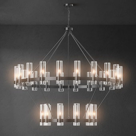 60" Black Chandelier, 2 Tier Wagon Wheel Chandelier with Glass Shade, 30-Lights Large Round Modern Farmhouse High Ceilings Pendant Lighting Fixture for Dining Room, Living Room, Kitchen, Foyer