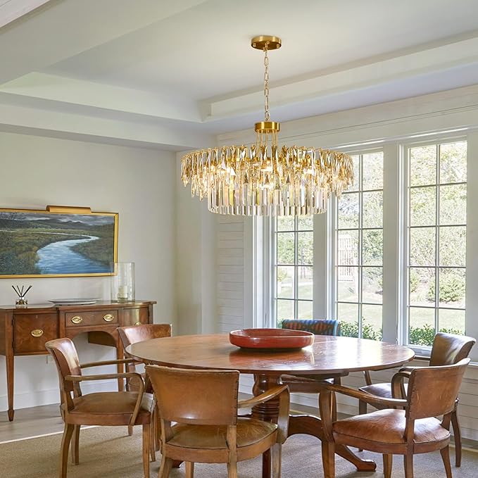 Modern Large Round Crystal Chandelier - 31.5'' Luxury K9 Crystals Chandeliers for Dining room,3 Tier Raindrop Chandelier for Living room,Gold Contemporary Light Fixture for Bedroom Foyer Kitchen