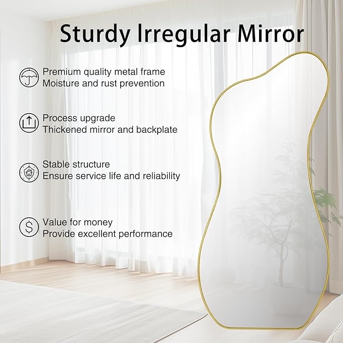 Irregular Mirror Full Length, 63"x30" Large Asymmetrical Mirror, Modern Standing Floor Mirrors for Dressing, Waved Shaped Mirrors for Living Room Bathroom Bedroom Hallway Entryway