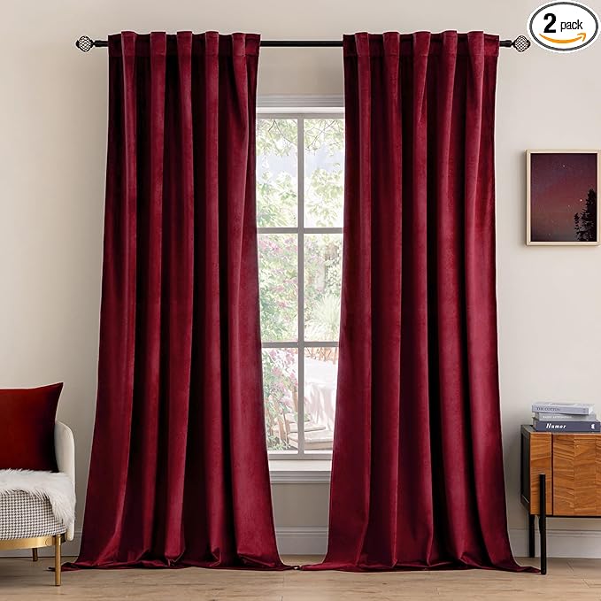 MIULEE Velvet Curtains 108 inches Long 2 Panels - Luxury Blackout Curtains for Bedroom Living Room Thermal Insulated Super Soft Christmas Decor Window Drapes Rod Pocket & Back Tab, Burgundy Red