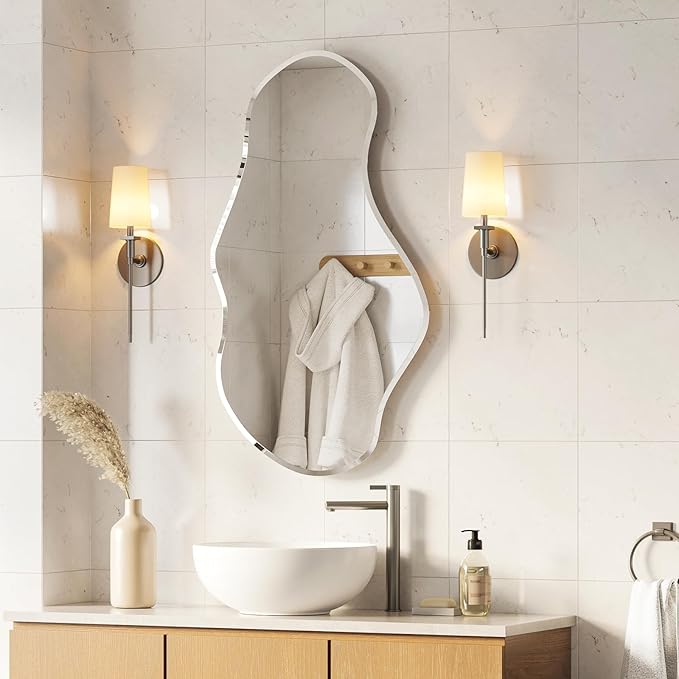USHOWER Irregular Wall Mirror 26"x46", Frameless Asymmetrical Mirror, Modern Wall Mirrors Decorative for Bathroom, Bedroom, Living Room, Entryway, Cloakroom Renovation