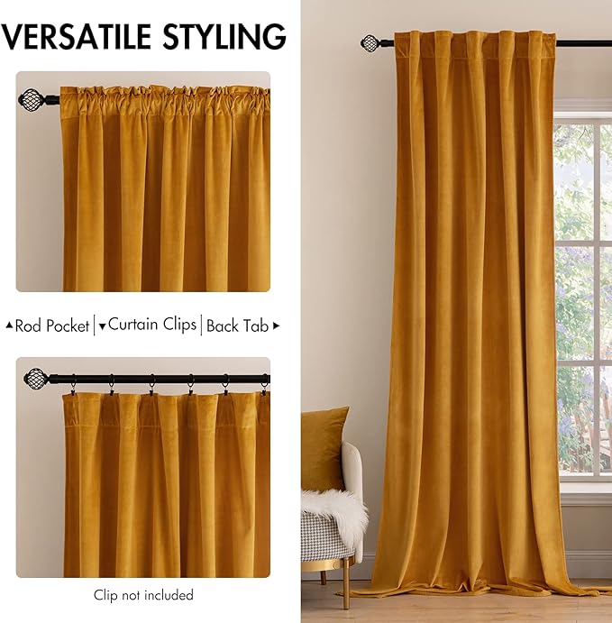 MIULEE Velvet Curtains 108 inches Long 2 Panels - Luxury Blackout Curtains for Bedroom Living Room Thermal Insulated Fall Decor Super Soft Window Drapes Rod Pocket & Back Tab, Mustard Yellow