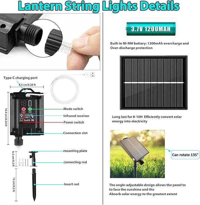 Solar Lantern String Lights Waterproof Outdoor, 40ft 40Led Warm White & Multi-Color Garden Lights Hanging Hemp Rope Nylon Lanterns with Remote, Timer for Yard, Balcony, Fences, Porch, Patio, Party