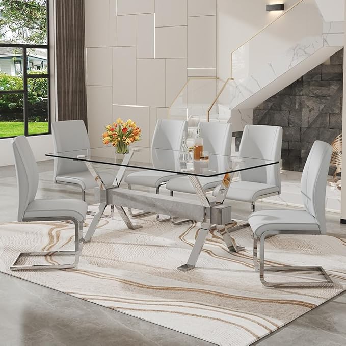71'' Glass Dining Table Set for 6,7 Piece Dining Table Set with Tempered Glass Tabletop and Open‑Frame X‑Shaped Metal Base,Kitchen Table and Chairs Ideal for Dining Room&Home Office