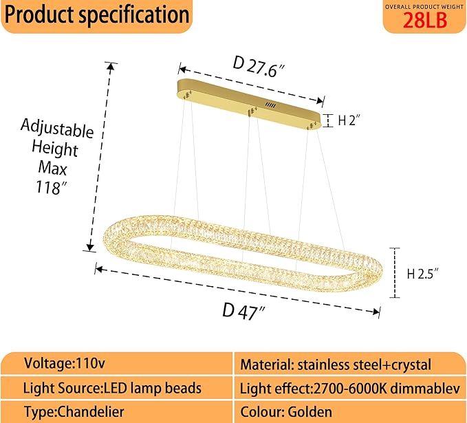 Oval Crystal Chandelier, 47.2'' Gold Crystal Ring Pendant Light for Kitchen Island Modern Linear Oval Chandeliers for Dining Room Dimmable 3000K-6000K