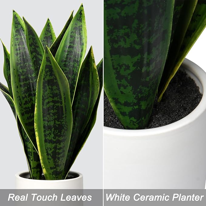 Briful Fake Snake Plant 16" Faux Potted Plant Artificial Snake Plant with White Ceramic Pot Sansevieria Plant Perfect for House Modern Living Room Office Housewarming Gift Indoor Decor