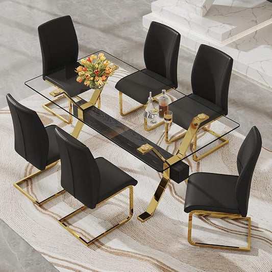 71'' Modern Dining Table Set for 6,7 Piece Glass Dining Table Set with Open‑Frame X‑Shaped Golden Metal Base,Gold Kitchen Table and Chairs Ideal for Dining Room&Home Office