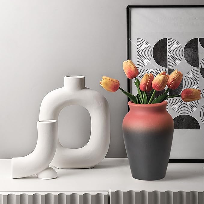 Ceramic Vase for Home Decor, 9 Inch Wide Mouth Pottery Vase, Vintage Farmhouse Boho Neutral Terracotta Rustic Decor for Living Room, Entryway, Floor, Mantel Decoration（Black & Red）