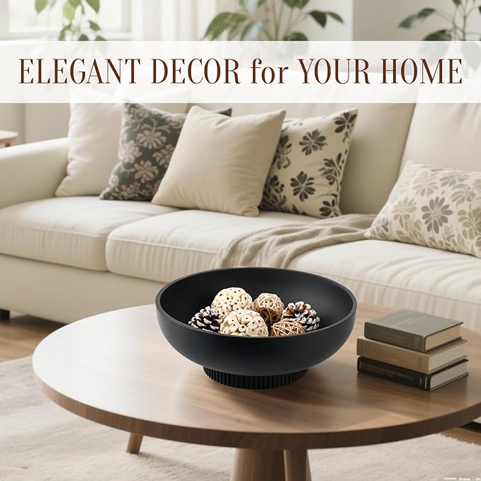 Large Resin Pedestal Decorative Bowl - Modern Handicraft Bowls for Home Decor - Fruit Bowl for Kitchen Counter - Key Bowl for Entryway Table,Matte Black