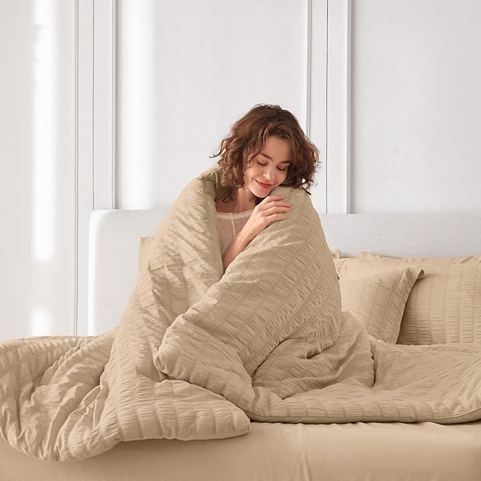 MUXHOMO 7 Pieces Full Comforter Set, Seersucker Bed in a Bag Full Size, All Season Luxury Bedding Set with Comforter, Flat Sheet, Fitted Sheet, Pillowcases & Shams, Khaki