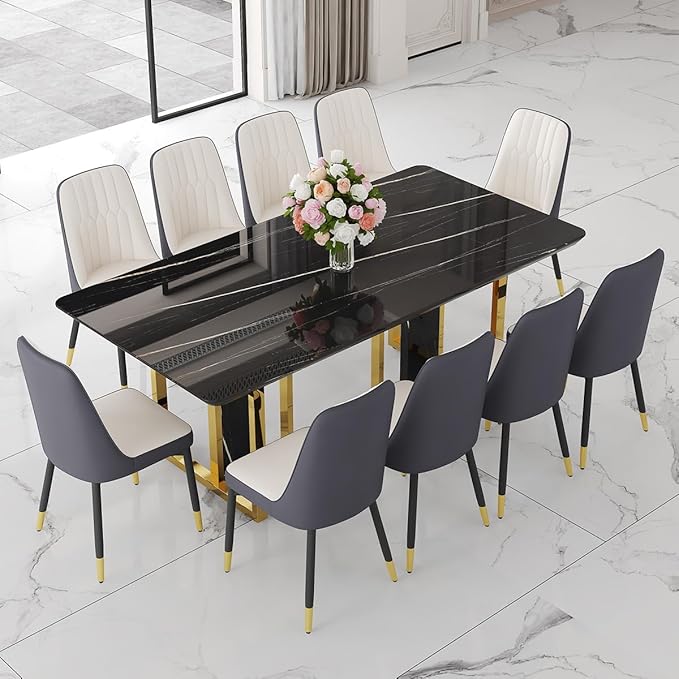 TesNus 79" Black Dining Table Set for 10 with Chairs,Large Faux Marble Kitchen Table and Chairs Set Rectangular 11 Piece Dining Room Set with Gold Metal Legs,Modern Design,Easy Assemble,Stable Base