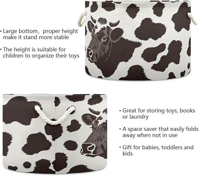 xigua Large Storage Basket Cotton Rope Basket Cow Print Pattern Baby Laundry Basket for Blankets Toys Storage Basket Laundry Hamper