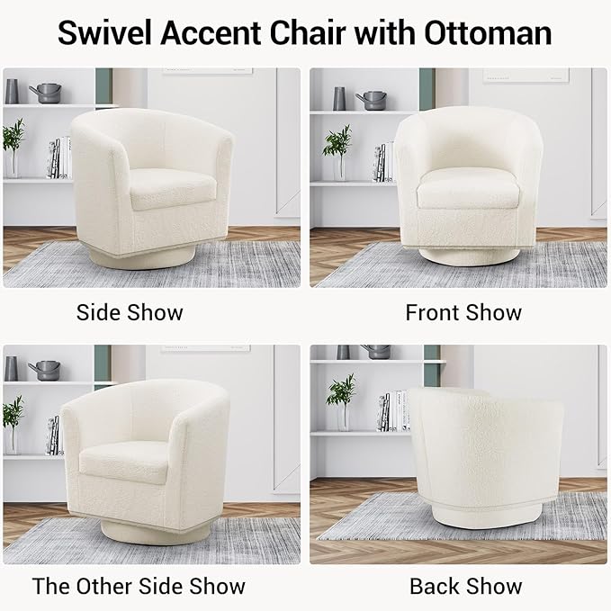 DAZONE Sherpa Swivel Accent Chair with Ottoman, Fluffy Teddy Barrel Chair Set, Comfy Upholstered Armchair for Living Room, Bedroom, Reading Nook, White