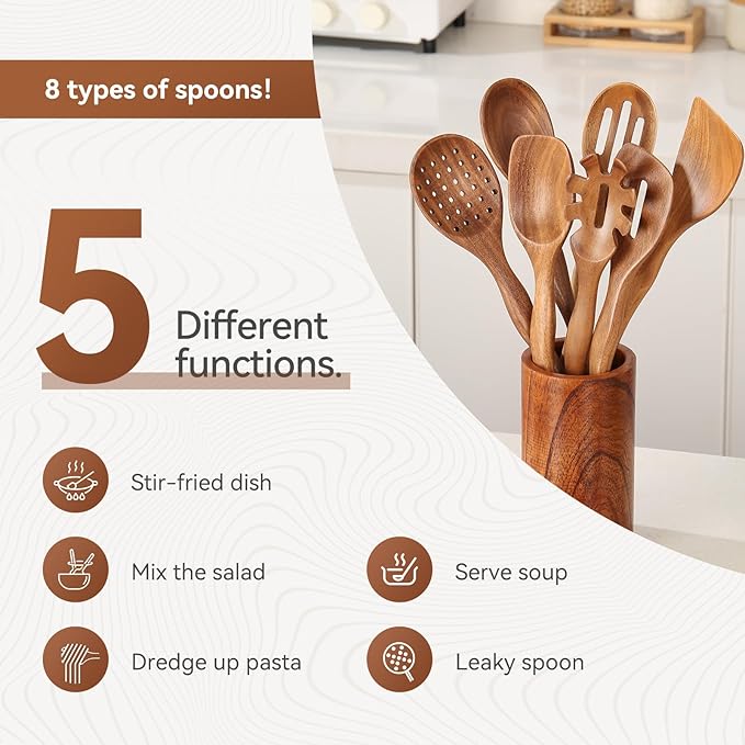 Wooden Spoons for Cooking with Holder,10Pcs Wooden Kitchen Utensil Set Non stick, Non Scratch Natural Teak Wooden Utensils for Cooking