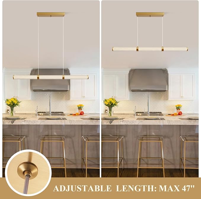 Modern Linear Chandelier Gold Linear Pendant Light Fixture, LED Dimmable Island Chandelier for Kitchen Island, Dining Room, and Living Room, Easy to Install.