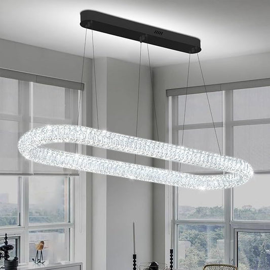Oval Crystal Chandelier, 47.2'' Black Crystal Ring Pendant Light for Kitchen Island Modern Linear Oval Chandeliers for Dining Room Dimmable 3000K-6000K