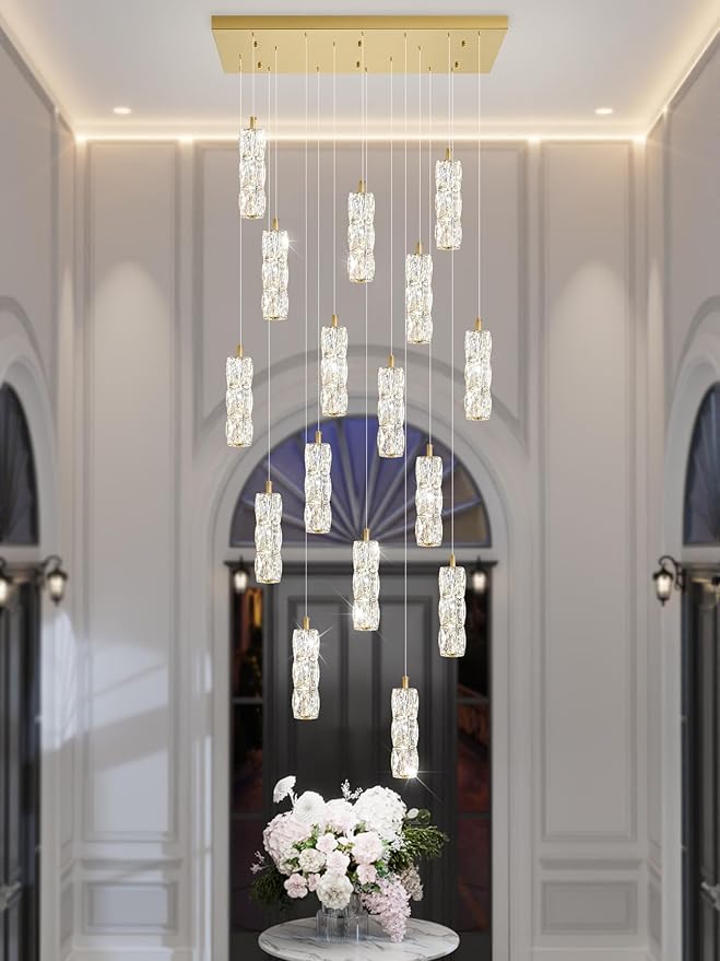 16-Lights Modern Crystal Chandelier Rectangular Dining Room Chandeliers LED Pendant Lighting Fixture for Kitchen Island High Ceiling Chandelier for Staircase Foyer Entryway