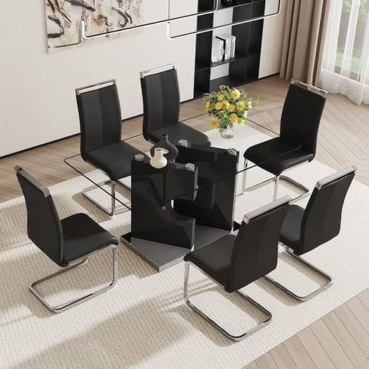 Glass Dining Room Table Set for 6｜Dining Table Set for 6 with PU Leather Chairs｜Retangular Dining Table with MDF Table Legs and Sliver Base for Dining Room