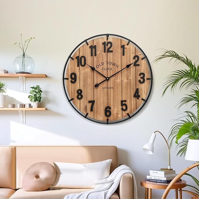 24 Inch Farmhouse Wall Clock Large Old Town Vintage Rustic Wooden Clock with Metal Rim and Large Numerals, Silent Battery-Operated for Office, Kitchen, Bedroom, and Living Room