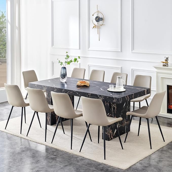 79" Marble Dining Table Set｜Modern Dining Table Set with 10 Faux Leather Chairs｜Engineered Wood with Marble Pattern Tabletop｜Widened and Stable Tablelegs｜Easy Assembly