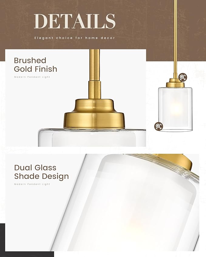 TENGXIN Modern Pendant Light, Brushed Gold Modern Pendant Light for Kitchen Island, Hanging Ceiling Light Fixture, Farmhouse Pendant Lighting for Dining Room Bedroom Bar Office,TXPLBG02