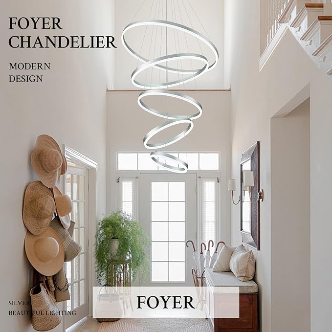5-Rings D31.5’’ Modern LED Chandelier Silver Dimmable High Ceiling Chandeliers Foyer with Remote Control for Entryway Living Room Dining Room Staircase, 3000K-6500K