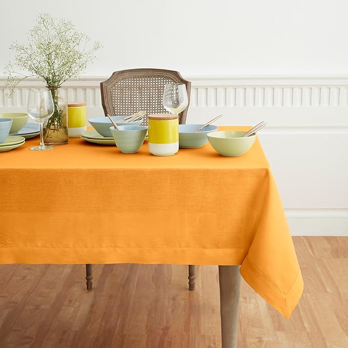 Solino Home Linen Tablecloth 52 x 52 Inch - 100% Pure Linen Tangerine Yellow Square Tablecloth - Fete, Machine Washable Table Throw for Fall, Autumn