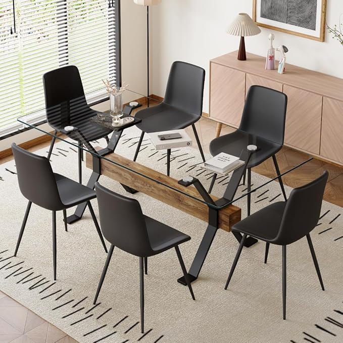 7 Piece Glass Dining Table Set, Kitchen Table Chairs Set for 6, 71'' Dining Table with 0.4" Tempered Glass Tabletop with Plated Metal Legs and MDF Crossbar, 6 PU Chairs for Dining Room, Kitchen.