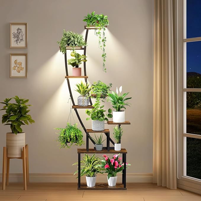 9 Tier 63" Tall Plant Stand Indoor with Grow Lights & Remote Control & Auto Timer, Metal Plant Shelf with Full Spectrum Dimmable Light, Plant Rack Display Shelves for Living Room, Patio