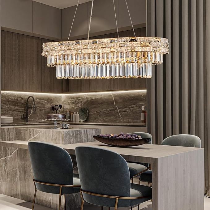 34.3" L Modern Crystal Chandeliers for Dining Room 12 Lights Gold Chandelier Large Luxury Chandelier Pendant Light Fixture, Kitchen Island,Entryway,Living Room 34.3" L x 8.7" H