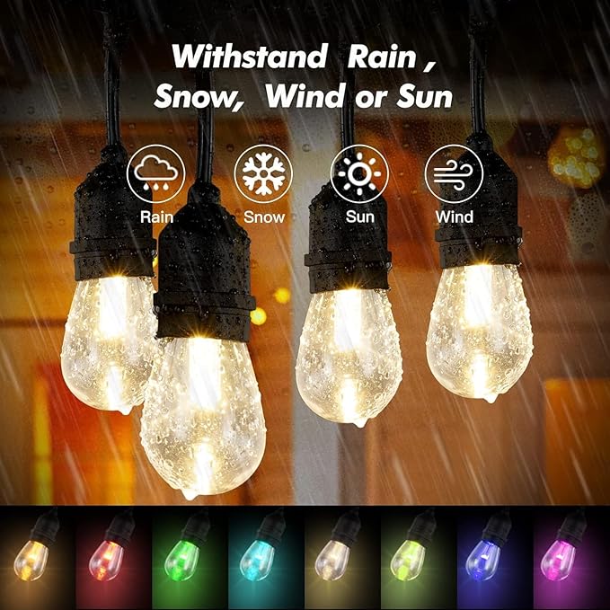 Auroraworld 24FT RGB Outdoor String Lights, Dimmable Color Changing Waterproof LED Patio Lights with Remote, 12 Shatterproof Bulbs for Backyard Garden Party Decor