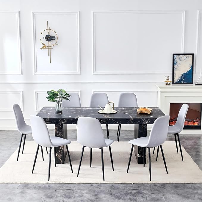 Marble Dining Table Set 79" ｜Modern Dining Table Set with 8 Linen Chairs｜Engineered Wood with Marble Pattern Tabletop｜Widened and Stable Tablelegs｜Easy Assembly