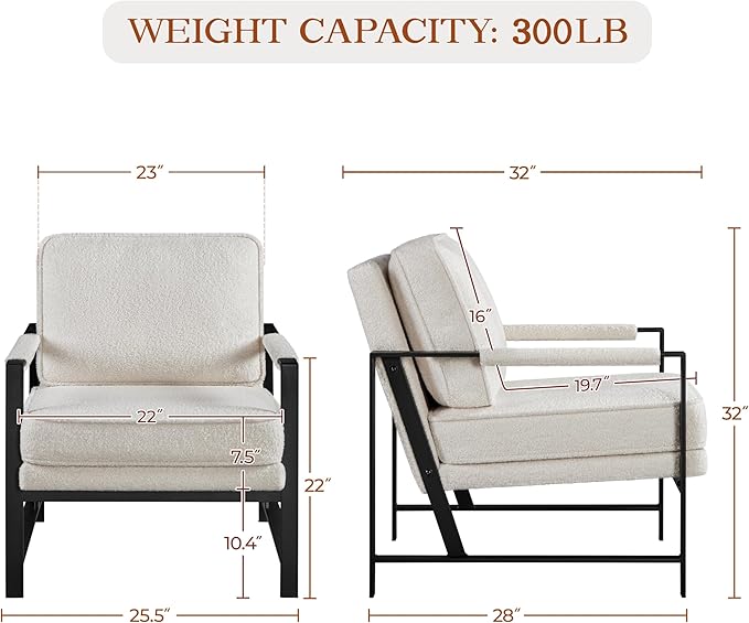 Yaheetech Teddy Boucle Fabric Armchair, Retro Leisure Accent Chair with Extra Soft Padded and Cushion, Modern Reading Arm Chair with Black Metal Frame for Living Room/Office/Bedroom/Study, Ivory, 2PC