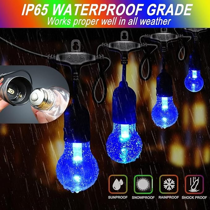 105FT Solar Outdoor String Lights, 32 Shatterproof E26 Edison LED Bulbs, Dimmable RGB Color Changing Patio Lights Waterproof with Remote. for Backyard, Garden, Party, Bistro, Cafe