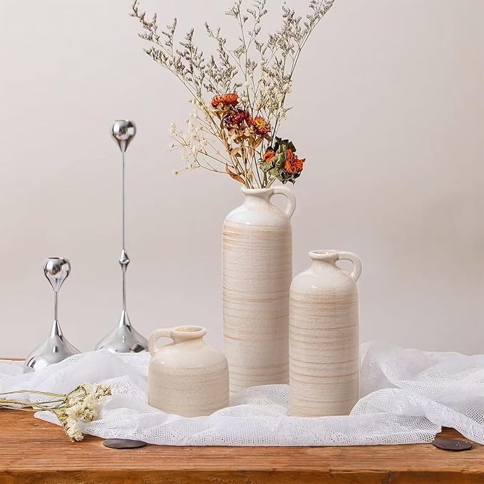 Ceramic Vase Set of 3 – Handcrafted Modern Farmhouse Decorative Vases, Neutral Pottery for Pampas Grass, Flowers, Table Centerpieces, Living Room, Mantel & Shelf Decor – Beige