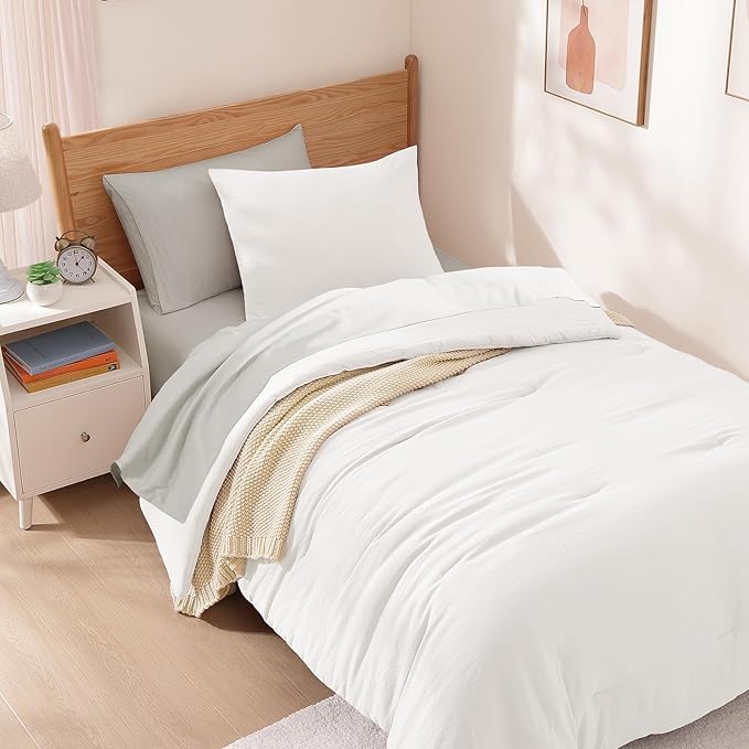 WRENSONGE Twin Comforter Set- 5 Pieces White Twin Bed in a Bag, All Season Twin XL Bedding Sets with 1 Fitted Sheet, 1 Flat Sheet, 1 Pillow Sham and 1 Pillowcase