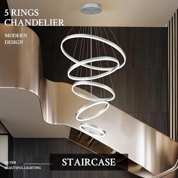 5-Rings D31.5’’ Modern LED Chandelier Silver Dimmable High Ceiling Chandeliers Foyer with Remote Control for Entryway Living Room Dining Room Staircase, 3000K-6500K